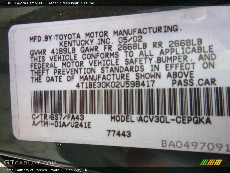 Aspen Green Pearl / Taupe 2002 Toyota Camry XLE