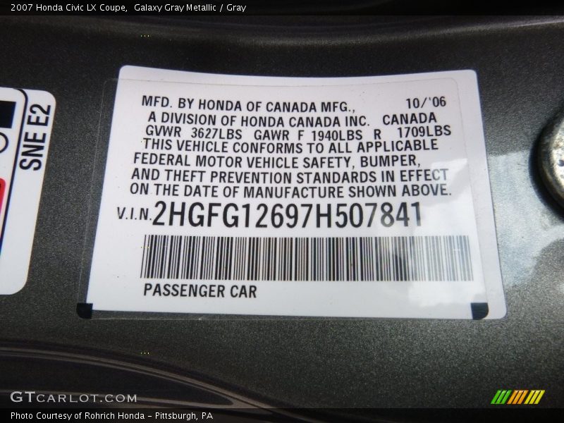 Galaxy Gray Metallic / Gray 2007 Honda Civic LX Coupe