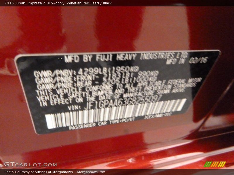 Venetian Red Pearl / Black 2016 Subaru Impreza 2.0i 5-door