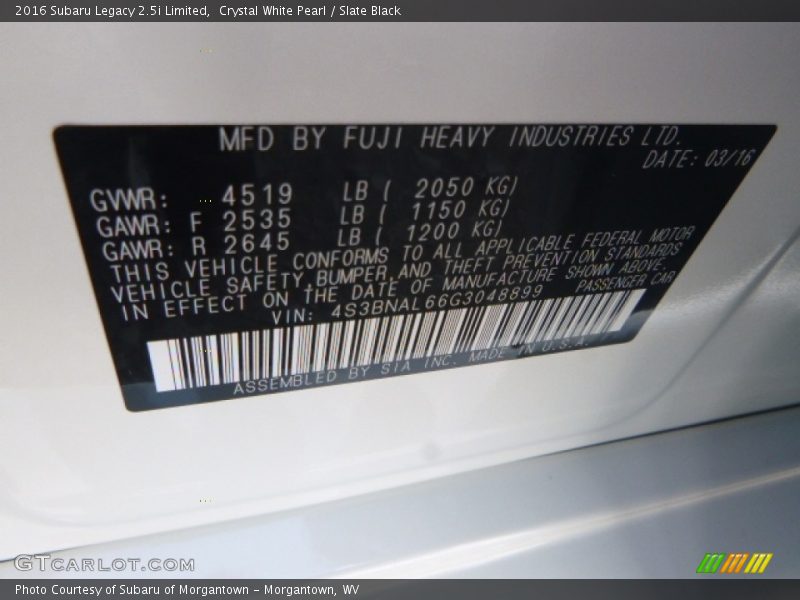 Crystal White Pearl / Slate Black 2016 Subaru Legacy 2.5i Limited