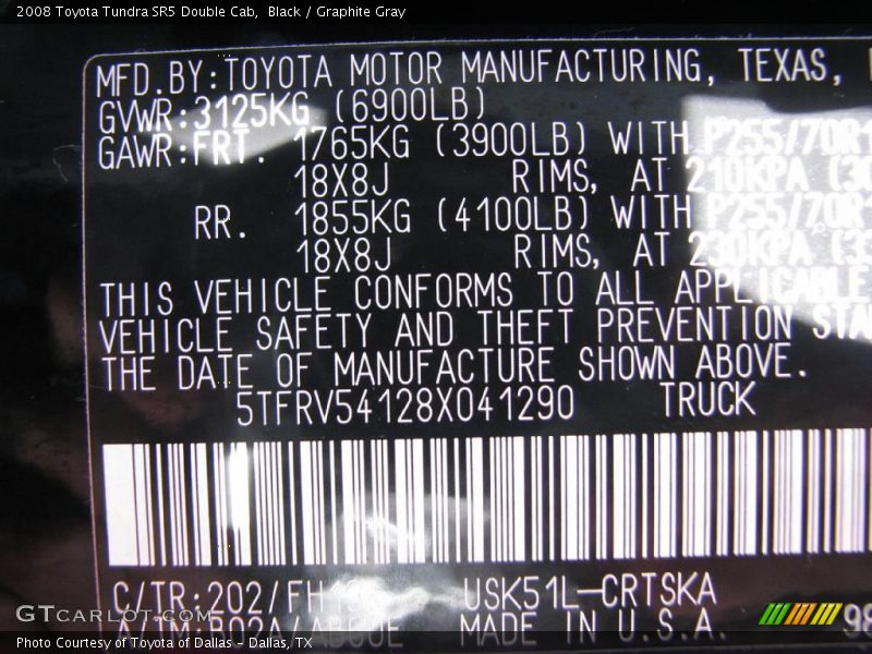 Black / Graphite Gray 2008 Toyota Tundra SR5 Double Cab