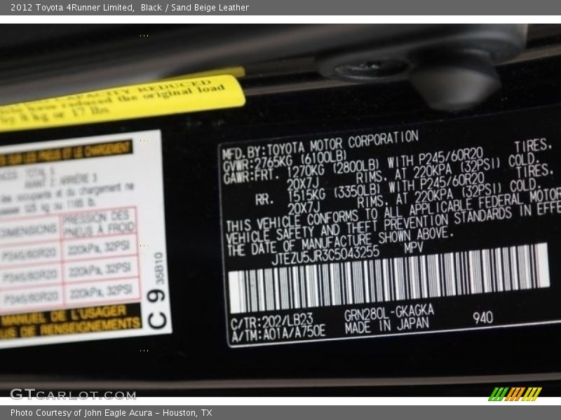 Black / Sand Beige Leather 2012 Toyota 4Runner Limited