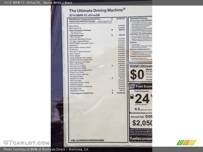 Alpine White / Black 2016 BMW X3 xDrive28i