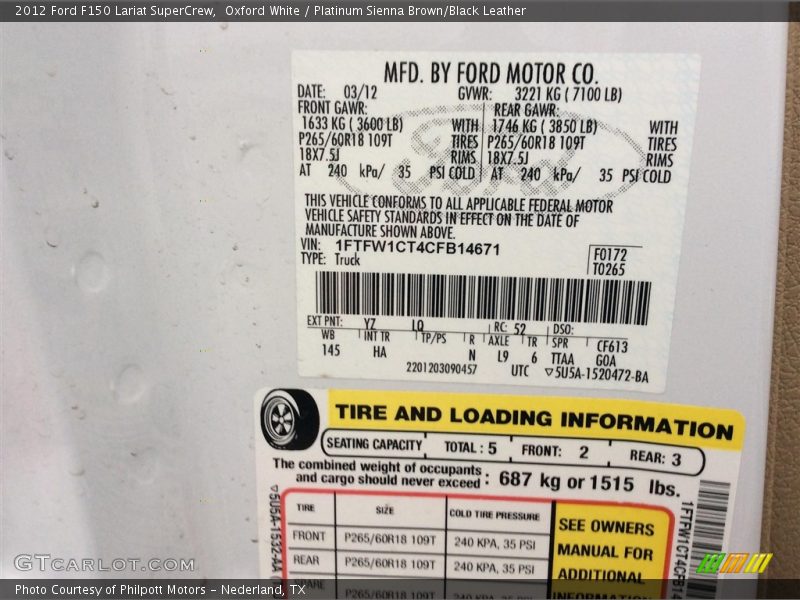 Oxford White / Platinum Sienna Brown/Black Leather 2012 Ford F150 Lariat SuperCrew