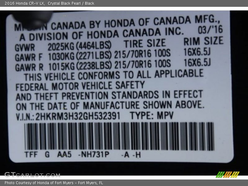 Crystal Black Pearl / Black 2016 Honda CR-V LX