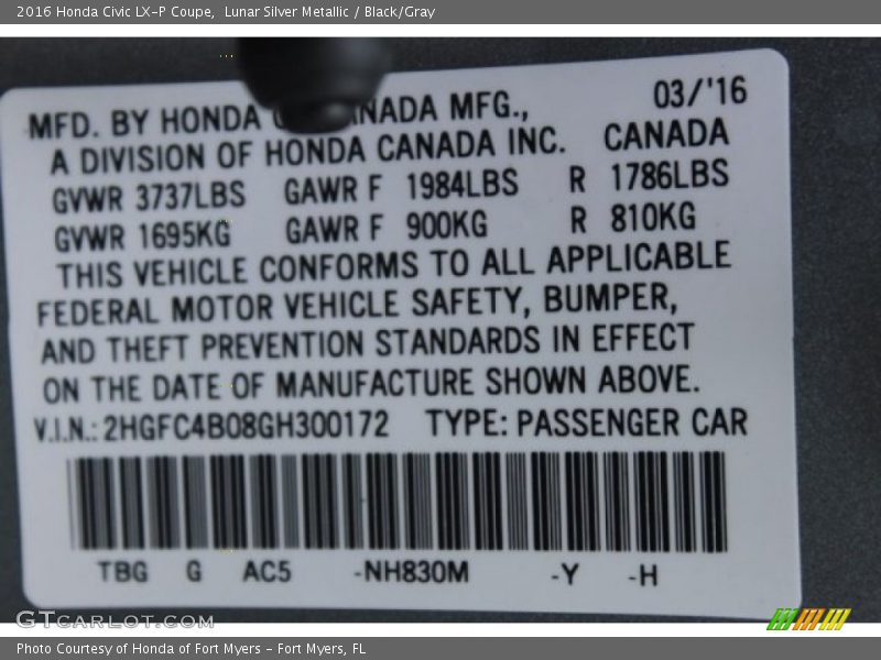 2016 Civic LX-P Coupe Lunar Silver Metallic Color Code NH830M