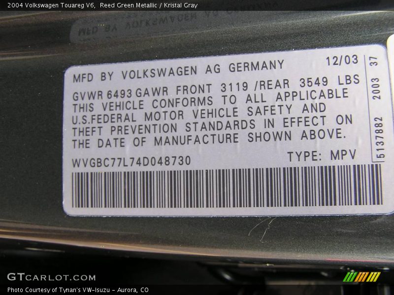 Reed Green Metallic / Kristal Gray 2004 Volkswagen Touareg V6