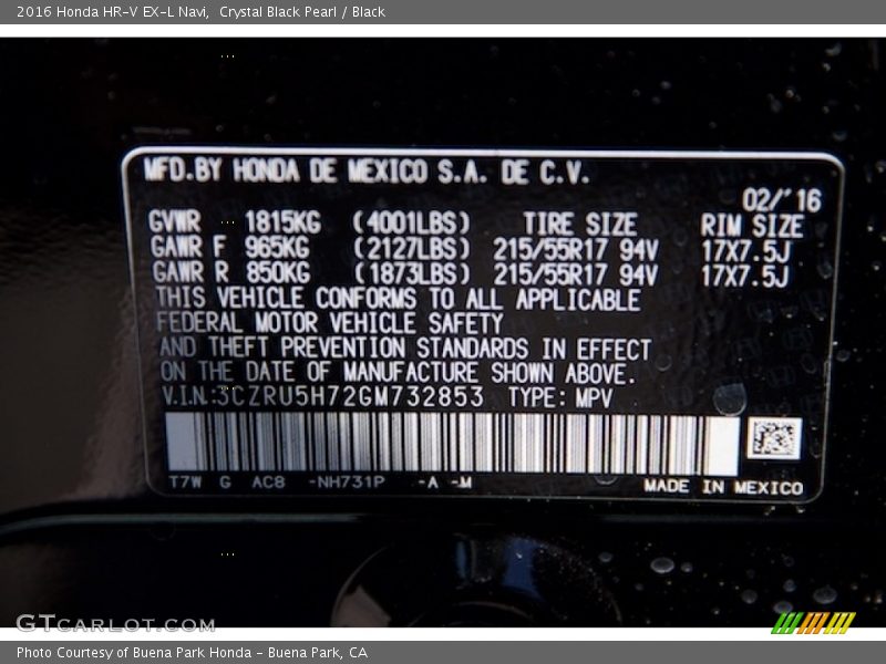 Crystal Black Pearl / Black 2016 Honda HR-V EX-L Navi