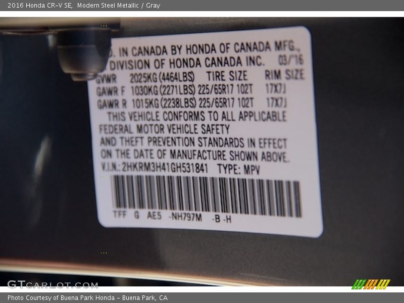 Modern Steel Metallic / Gray 2016 Honda CR-V SE