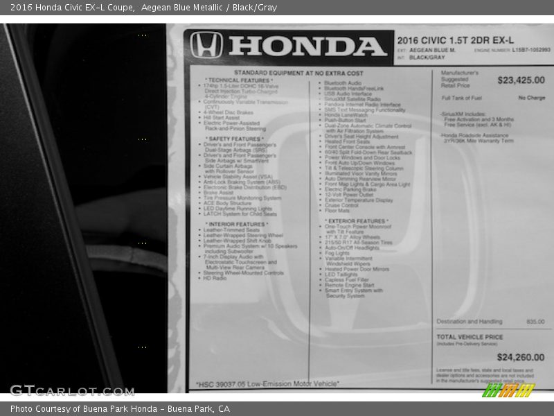  2016 Civic EX-L Coupe Window Sticker