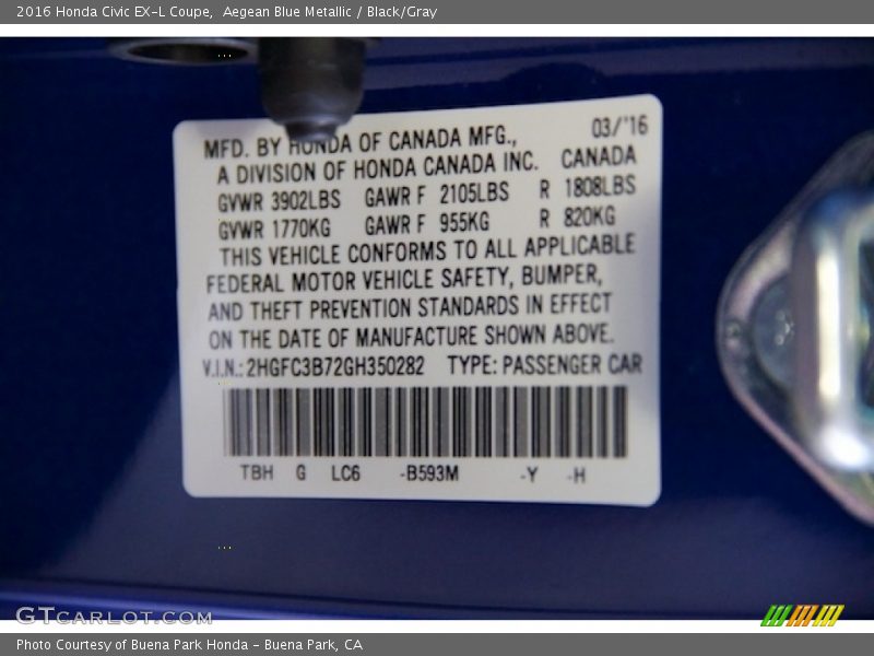 2016 Civic EX-L Coupe Aegean Blue Metallic Color Code B593M
