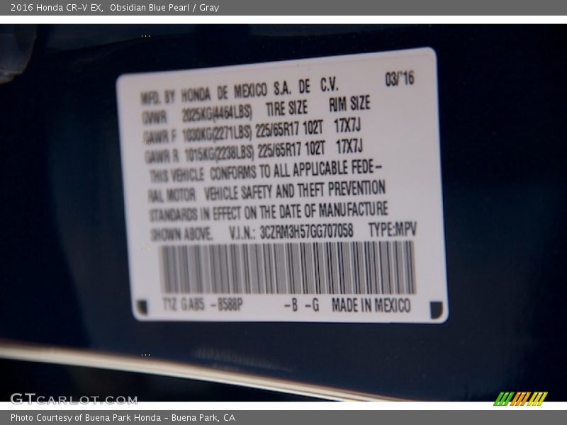 Obsidian Blue Pearl / Gray 2016 Honda CR-V EX