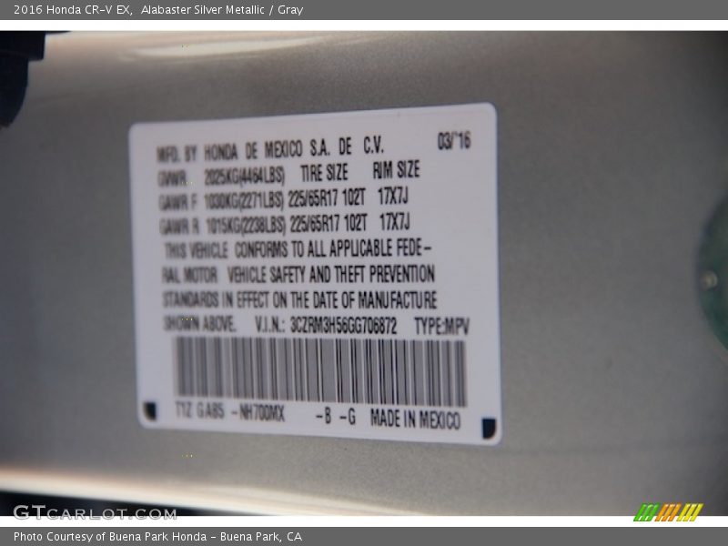Alabaster Silver Metallic / Gray 2016 Honda CR-V EX