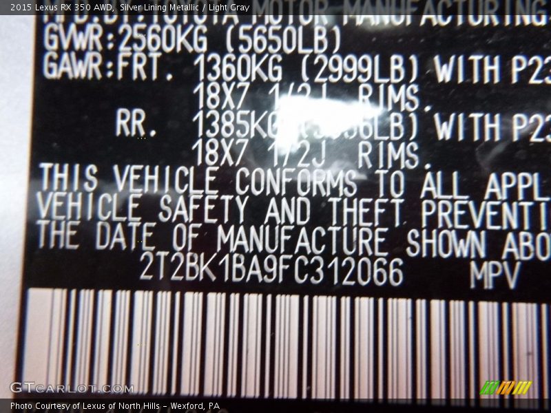 Silver Lining Metallic / Light Gray 2015 Lexus RX 350 AWD