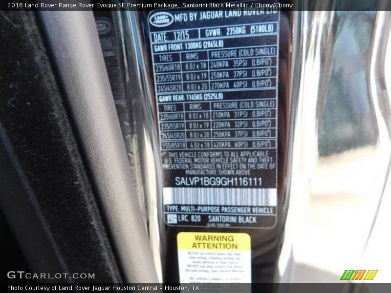 Santorini Black Metalllic / Ebony/Ebony 2016 Land Rover Range Rover Evoque SE Premium Package
