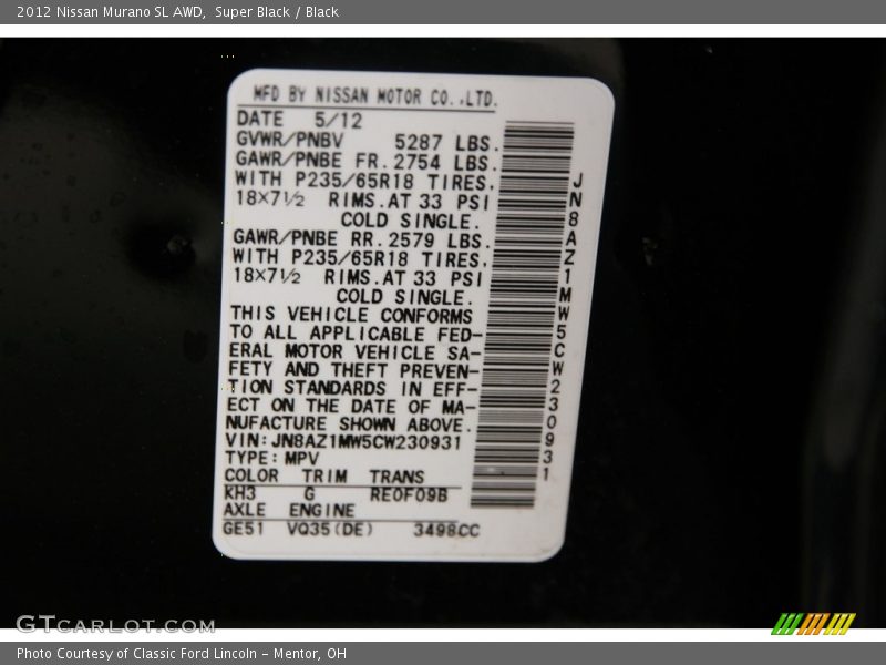 Super Black / Black 2012 Nissan Murano SL AWD