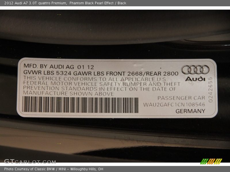 Phantom Black Pearl Effect / Black 2012 Audi A7 3.0T quattro Premium