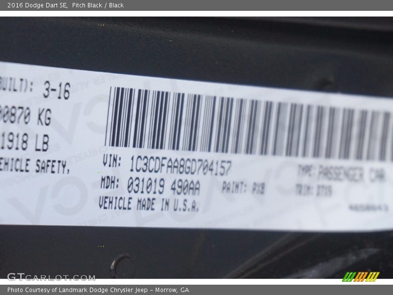 Pitch Black / Black 2016 Dodge Dart SE