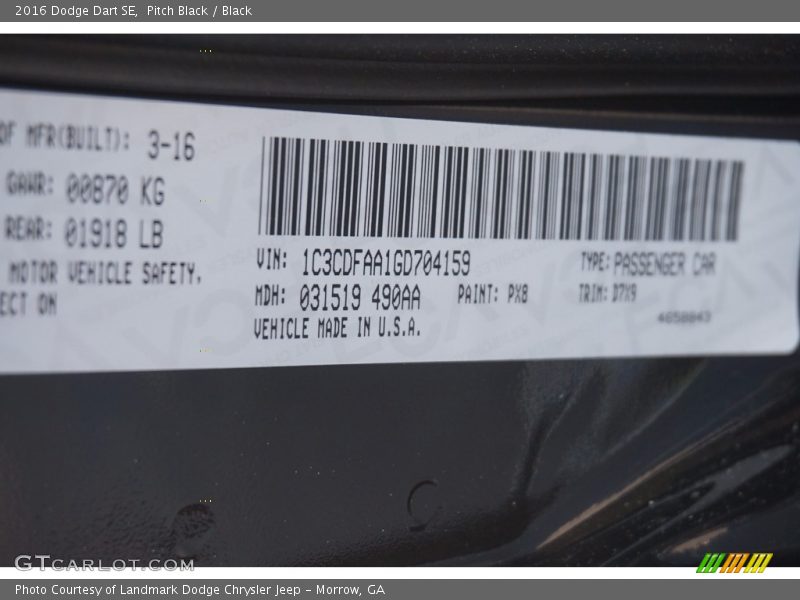 Pitch Black / Black 2016 Dodge Dart SE