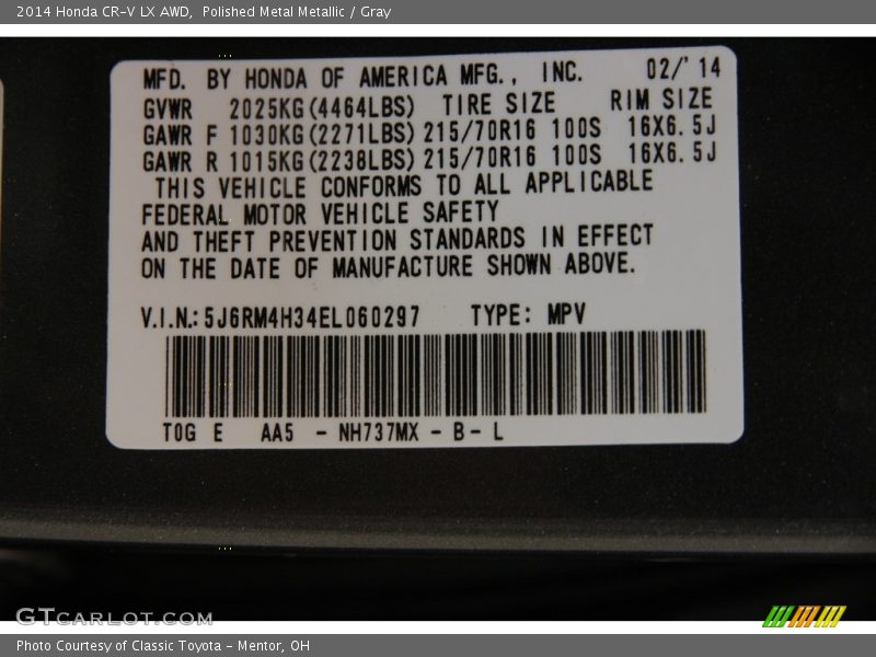 Polished Metal Metallic / Gray 2014 Honda CR-V LX AWD