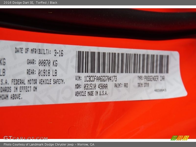 TorRed / Black 2016 Dodge Dart SE