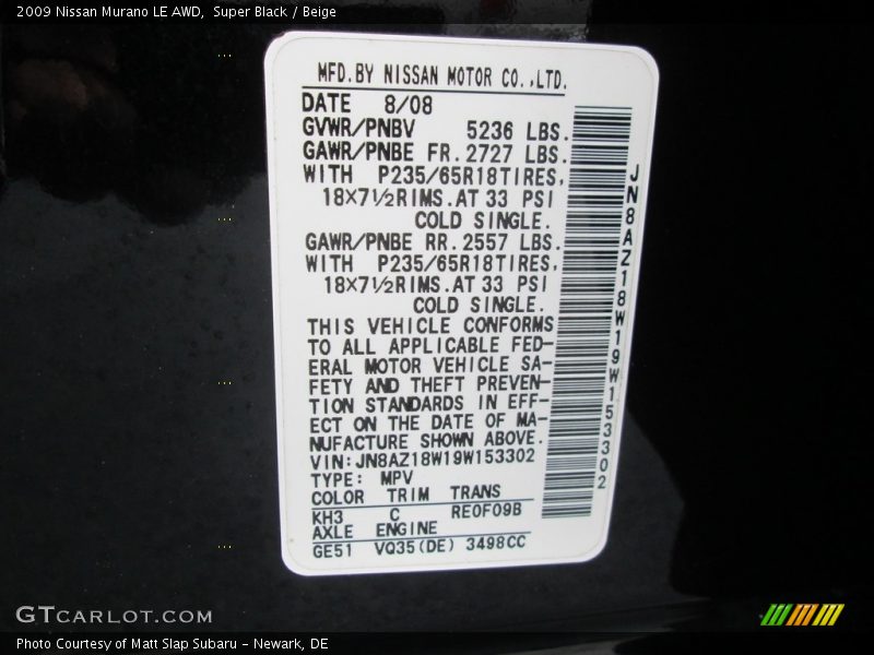 Super Black / Beige 2009 Nissan Murano LE AWD