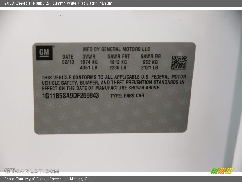 Summit White / Jet Black/Titanium 2013 Chevrolet Malibu LS
