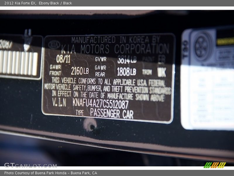 Ebony Black / Black 2012 Kia Forte EX