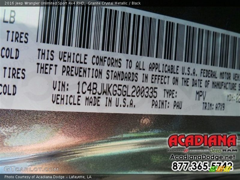 Granite Crystal Metallic / Black 2016 Jeep Wrangler Unlimited Sport 4x4 RHD