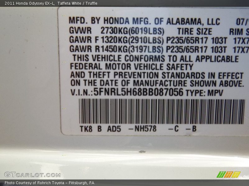 Taffeta White / Truffle 2011 Honda Odyssey EX-L