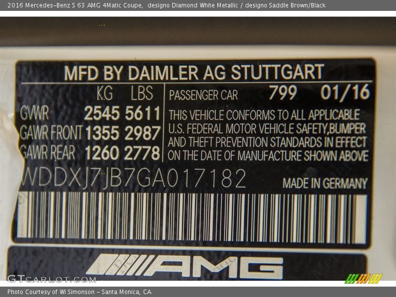 2016 S 63 AMG 4Matic Coupe designo Diamond White Metallic Color Code 799