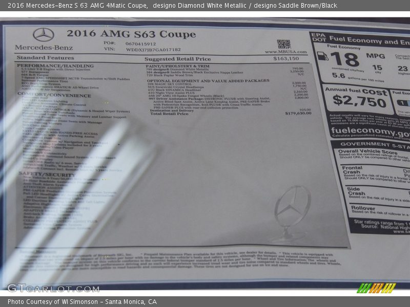  2016 S 63 AMG 4Matic Coupe Window Sticker