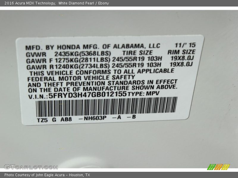 White Diamond Pearl / Ebony 2016 Acura MDX Technology