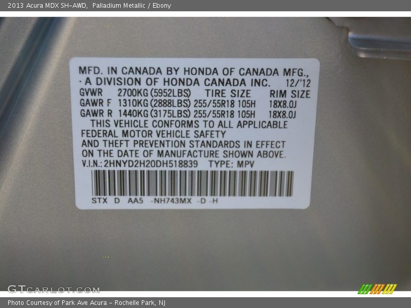 Palladium Metallic / Ebony 2013 Acura MDX SH-AWD