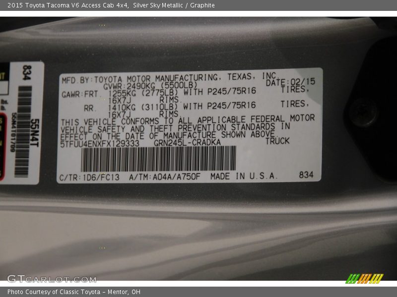 Silver Sky Metallic / Graphite 2015 Toyota Tacoma V6 Access Cab 4x4