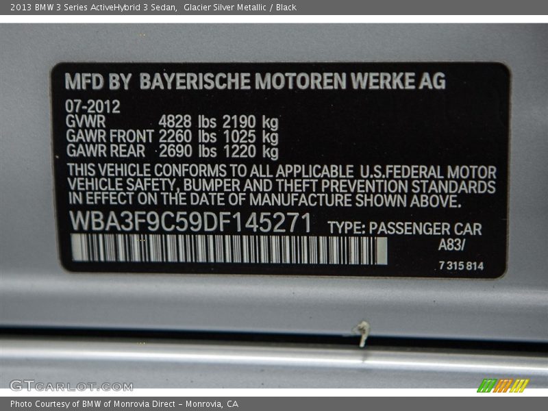 Glacier Silver Metallic / Black 2013 BMW 3 Series ActiveHybrid 3 Sedan
