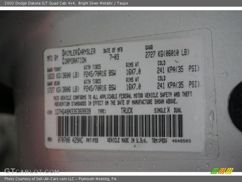 Bright Silver Metallic / Taupe 2003 Dodge Dakota SLT Quad Cab 4x4
