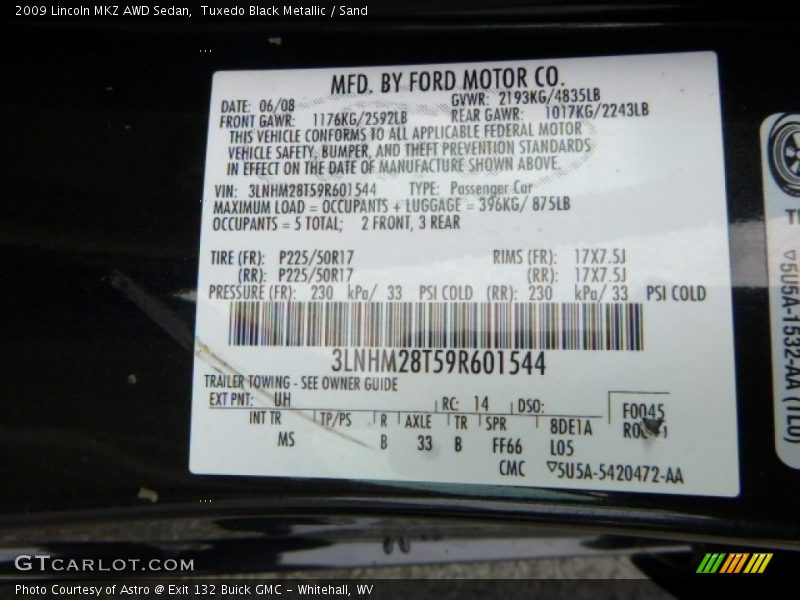 Tuxedo Black Metallic / Sand 2009 Lincoln MKZ AWD Sedan