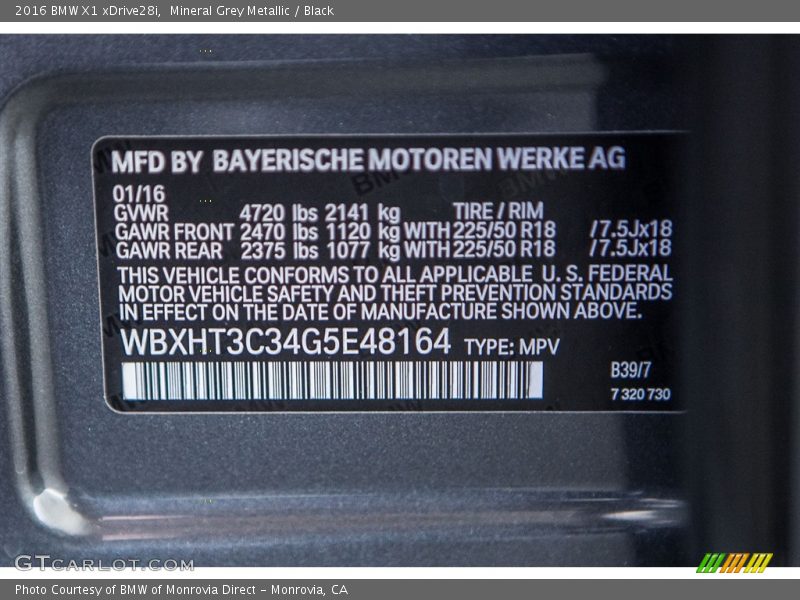 Mineral Grey Metallic / Black 2016 BMW X1 xDrive28i