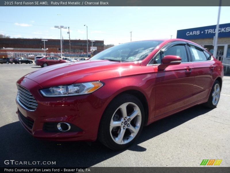 Ruby Red Metallic / Charcoal Black 2015 Ford Fusion SE AWD