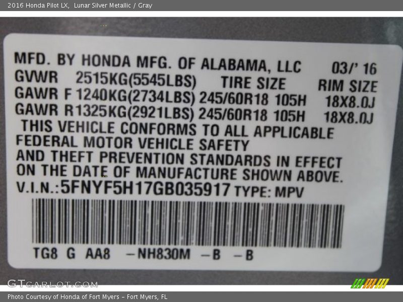 Lunar Silver Metallic / Gray 2016 Honda Pilot LX