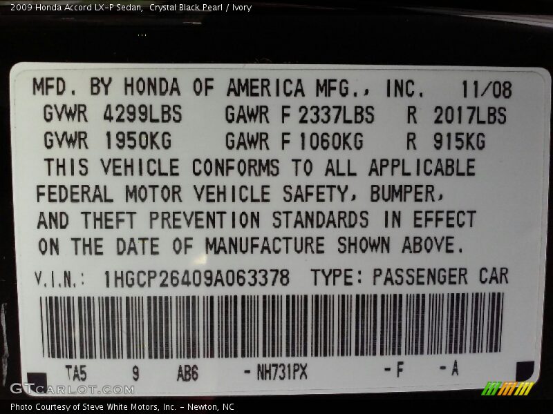 Crystal Black Pearl / Ivory 2009 Honda Accord LX-P Sedan