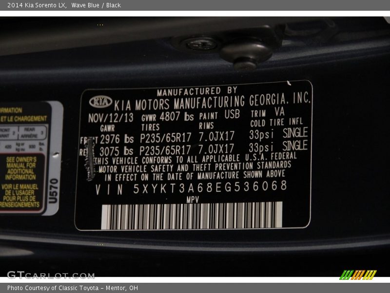 Wave Blue / Black 2014 Kia Sorento LX