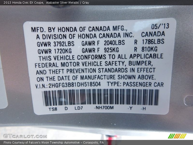 Alabaster Silver Metallic / Gray 2013 Honda Civic EX Coupe