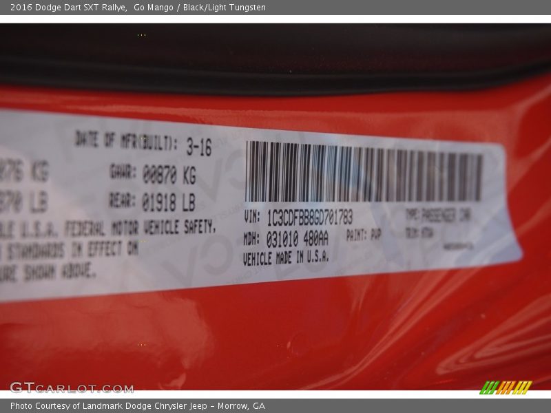 Go Mango / Black/Light Tungsten 2016 Dodge Dart SXT Rallye