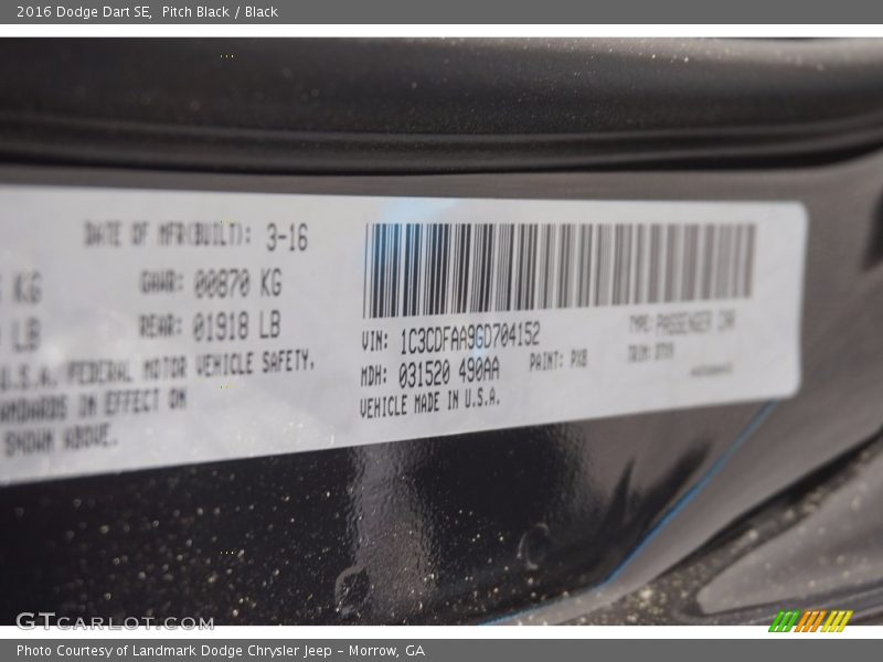 Pitch Black / Black 2016 Dodge Dart SE