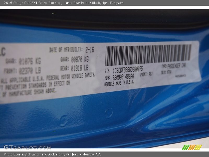 Laser Blue Pearl / Black/Light Tungsten 2016 Dodge Dart SXT Rallye Blacktop