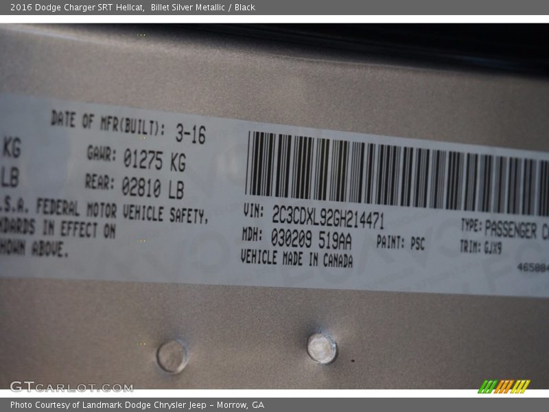 Billet Silver Metallic / Black 2016 Dodge Charger SRT Hellcat