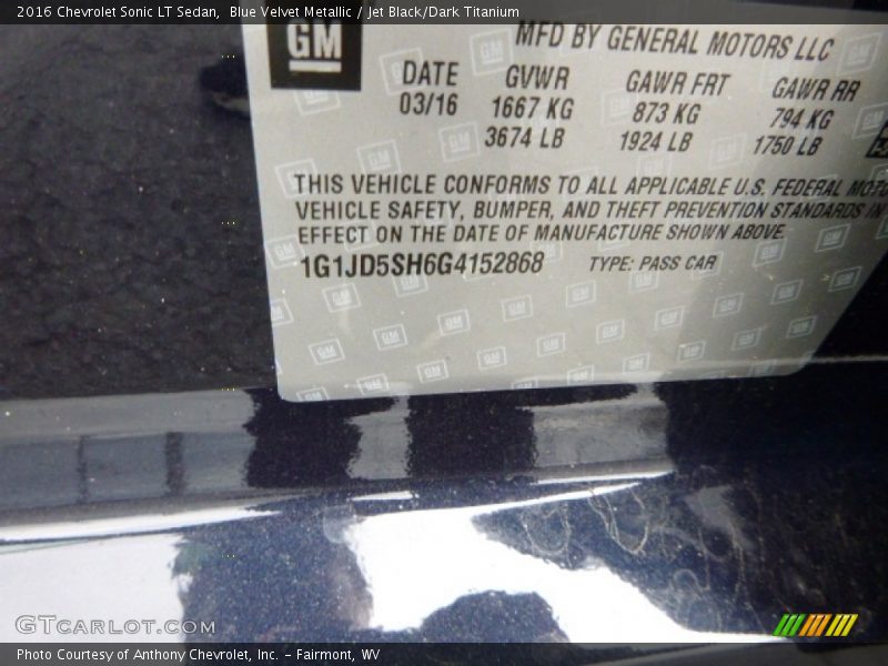 Blue Velvet Metallic / Jet Black/Dark Titanium 2016 Chevrolet Sonic LT Sedan