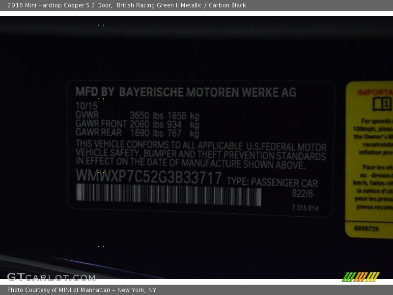 British Racing Green II Metallic / Carbon Black 2016 Mini Hardtop Cooper S 2 Door